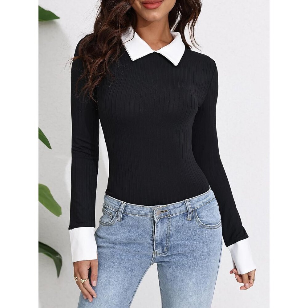 Women Colorblock Rib Knit Long Sleeve Bodysuit Slim Fit for Casual or Work - Picture 6 of 6